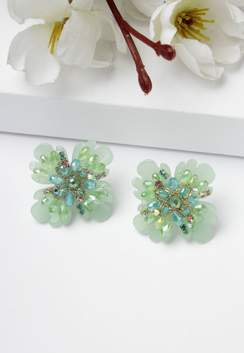 Green Petal Floral Earrings With Delicate Stone Accents