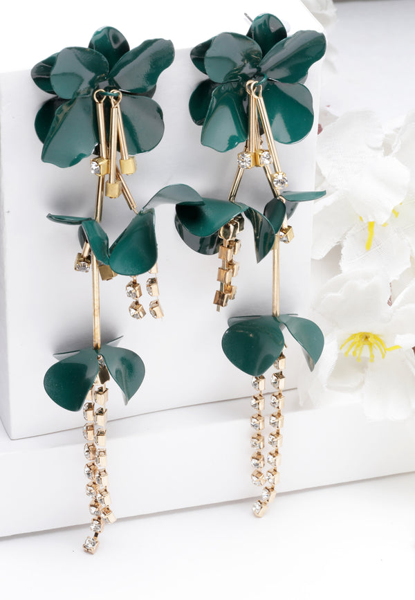 Long Green Floral Earrings