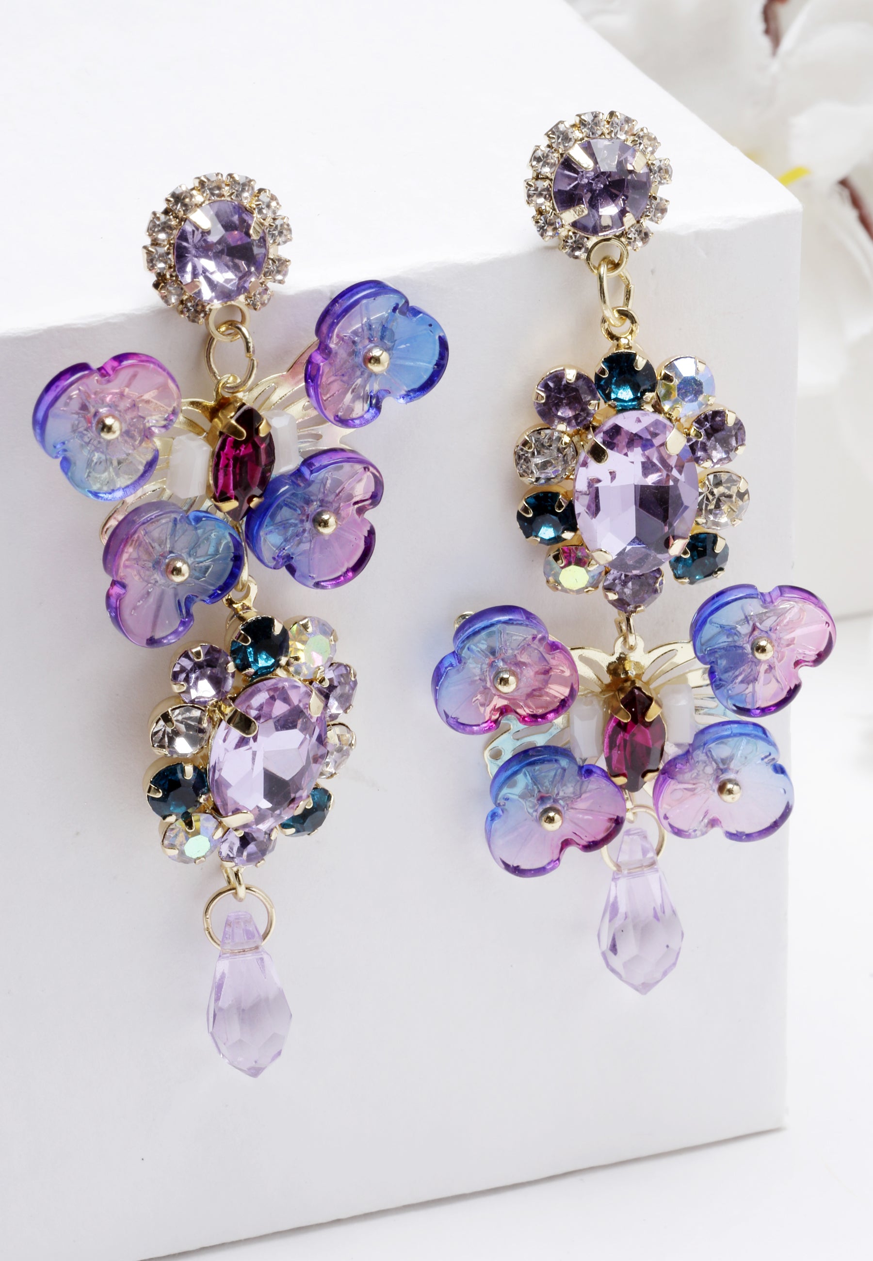 Multi-Colored Floral Waterdrop Crystal Earrings