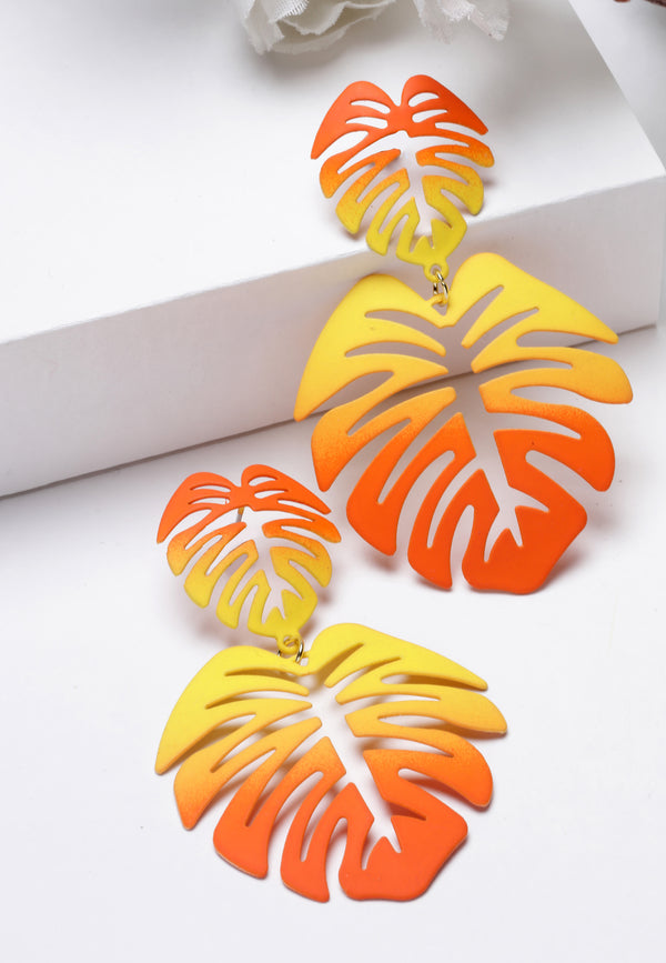 Orange Palm Leaf Dangle Earrings