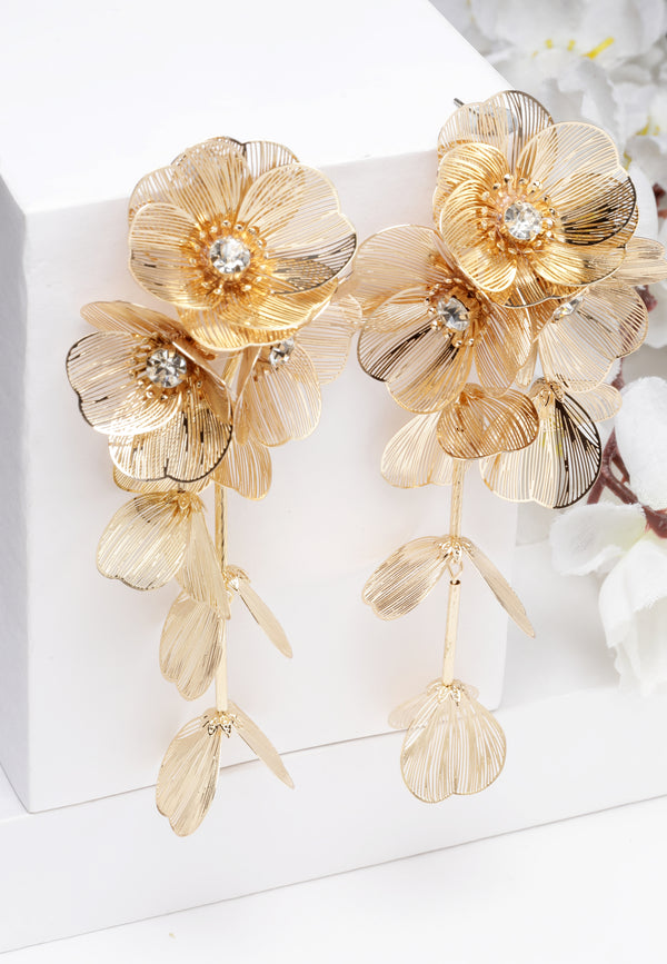 Crystal Bloom Tassel Gold Plated Earrings