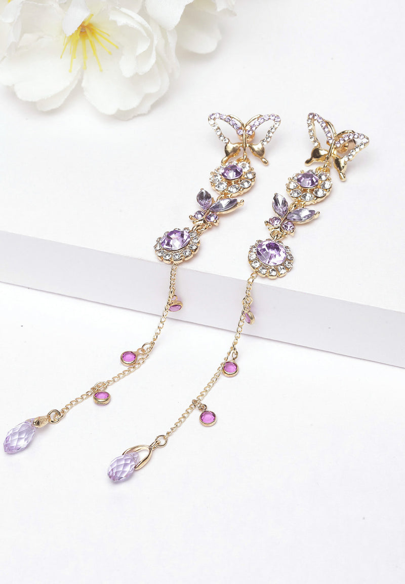 Długie wiszące kolczyki z fioletowymi kryształami w kształcie motyla