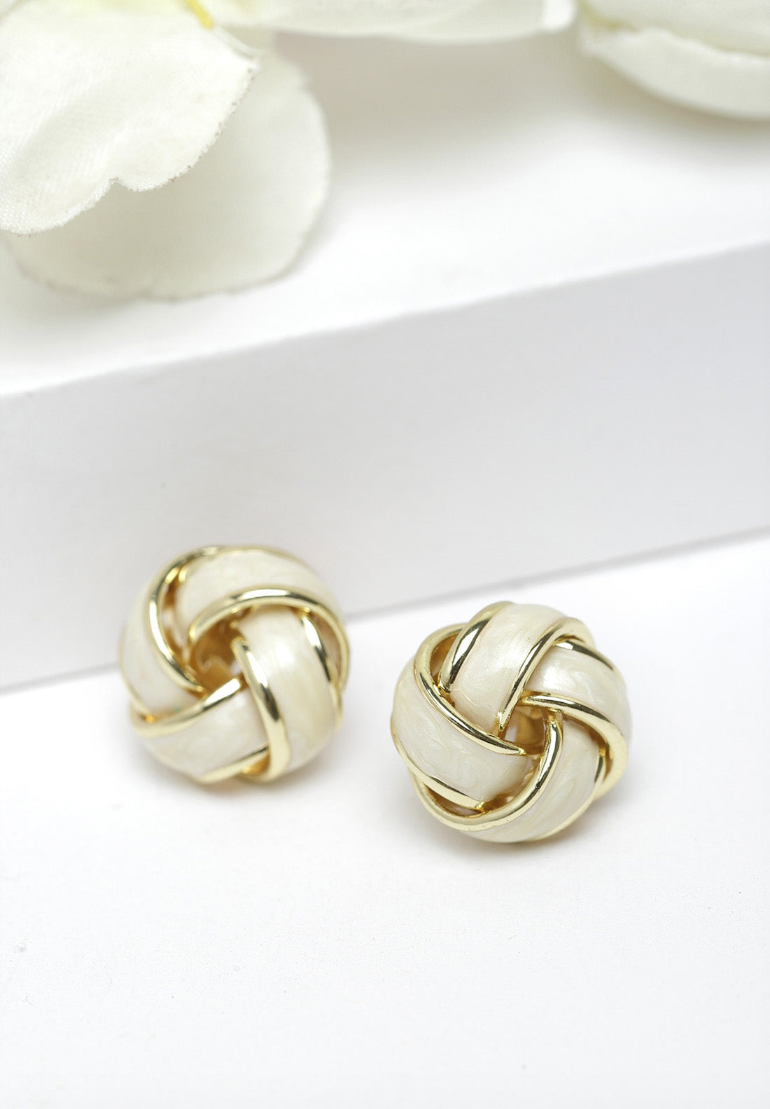 Gold & White Round Stud Earrings